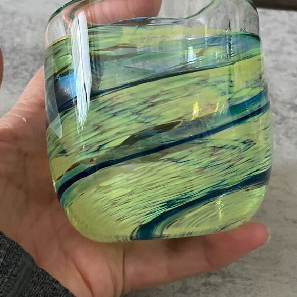 NWL Selkirk Art Glass Green Blue Swirl Votive Candleholder Handmade Scotland 3" - Picture 4 of 5